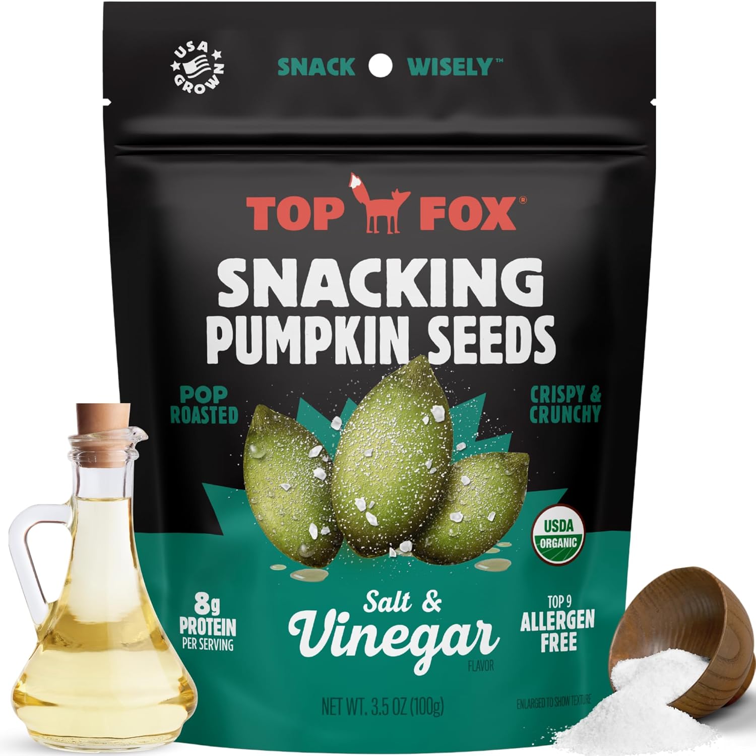 Top Fox Snacks Pumpkin Seeds to Eat (Salt & Vinegar, 3.5 oz – 6 Pack) - Gluten Free Snacks, Healthy Protein Snacks, Keto Friendly Snacks, Allergen Free Snacks, Paleo & Vegan - Organic Pop-Roasted