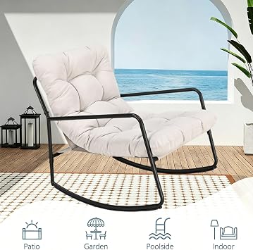 Outdoor Rocking Chair Set, 3-Piece Patio Rocking Chair with Side Table | Rocking Lounge Chair with Cushion for Indoor Outdoor Use, Comfy Modern Rocker Chair for Porch, Garden, Living Room
