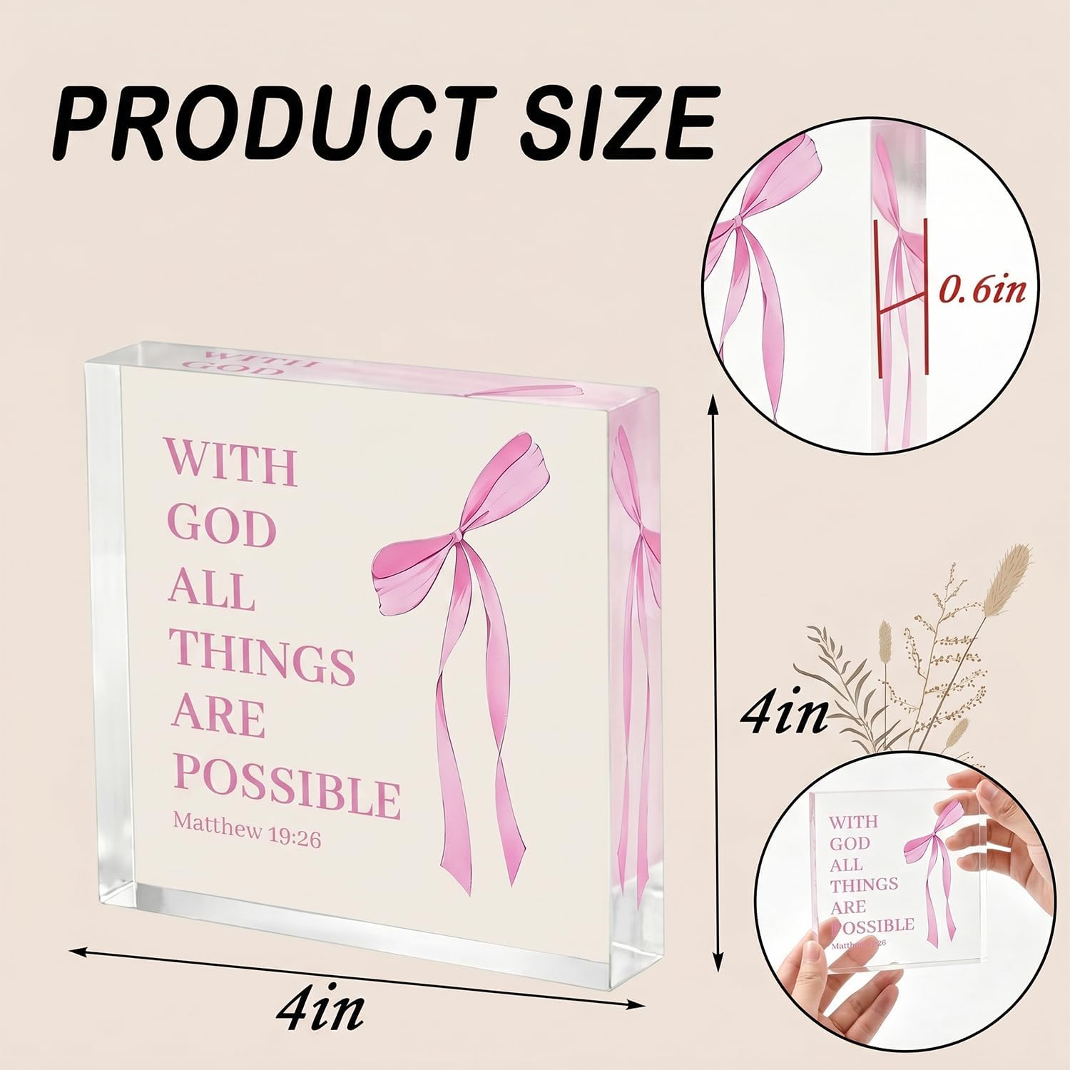 Pink Inspirational Decor Pray Over 4x4 Inch Matthew 19:26 Bible Verse Decor, Religious Inspirational Tabletop Ornament For Home Office Desk Accessories Gift For Women Believers image 3