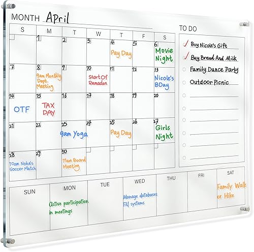 MAKELLO Calendario acrílico para pared, calendario de pizarra blanca transparente para oficina, escuela, hogar, calendario mensual pizarra blanca