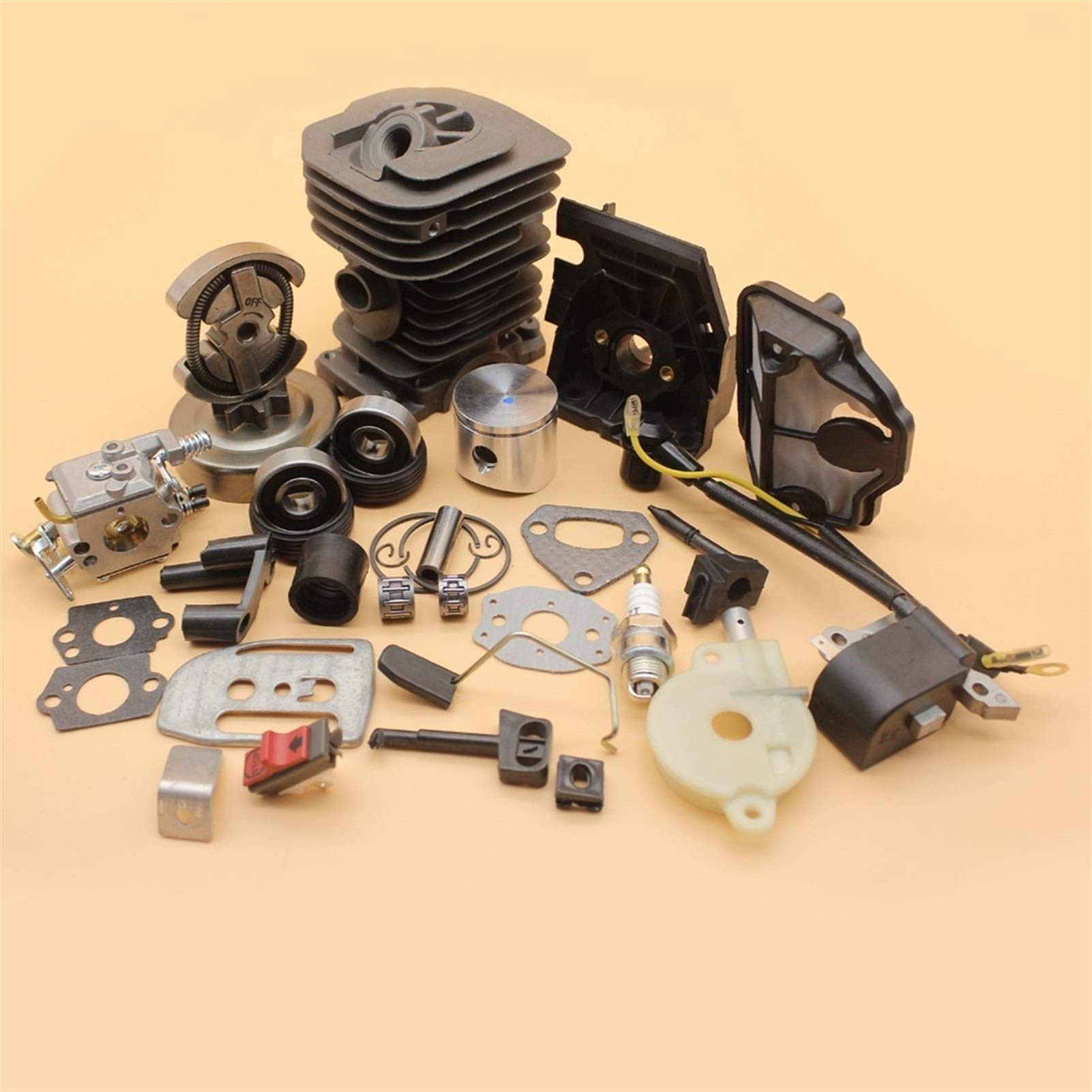 Tiempo Beixi 38 mm Cilindro del pistón del carburador Bobina de Encendido Cilindro del Embrague Kit de Bomba de Aceite Compatible con Husqvarna 136 137 141 142 Motosierra Motor Motor Parts