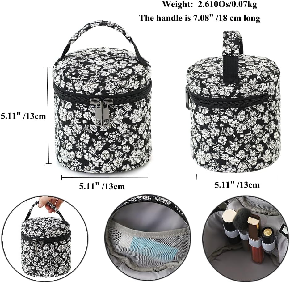 Small Makeup Bag, Cylinder Cosmetic Pouch with Handle, Black White Floral Jacquard, Portable for Purse, Boho Gift for Women - Image 2