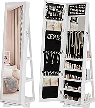 Bonnlo 360° Swivel Jewelry Mirror Cabinet with Inside Makeup Mirror,Full Length Mirror with Jewelry Storage, Lockable Standing Jewelry Armoire Organizer, Espejo Oon Almacenamiento for Bedroom,White