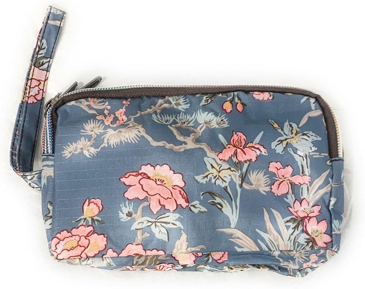 Fun PVC Canvas Wallet Purse Pouch Triple Zip w/Wrist Strap Wristlet Clutch Bag Xmas Bday Gift (Dusty Blue Floral)