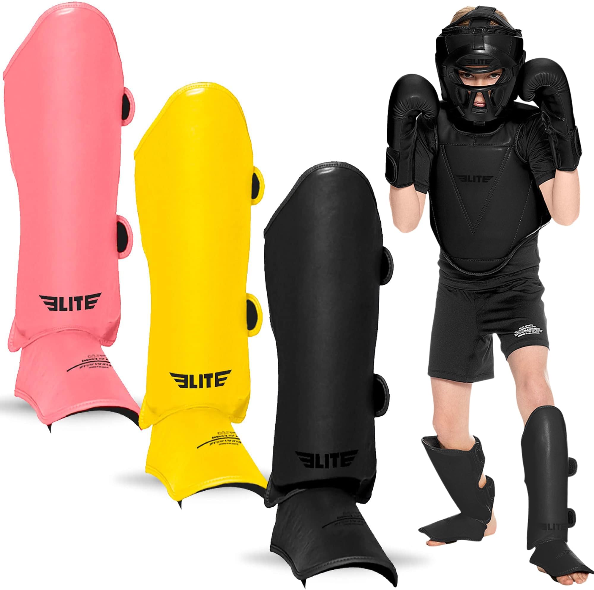 Elite Sports Muay Thai MMA Kickboxing Boys and Girls Shin Guards for Age 4 to 14 Years, Instep Guard Sparring Protective Leg Shin Kick Pads for Kids