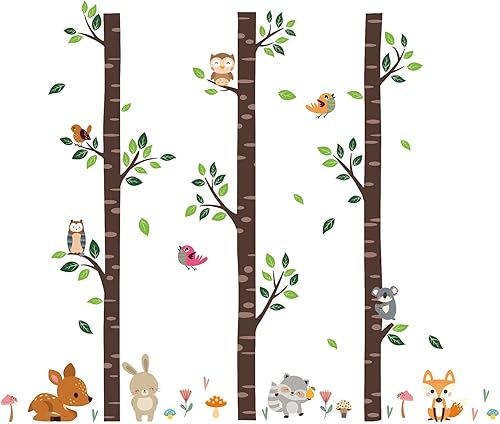 Miniatura 5 de Calcomanías de pared grandes de abedul y animales del bosque, de vinilo, pájaro, búho, ardilla, ciervo, selva, bosque, animales, árbol, calcomanías
