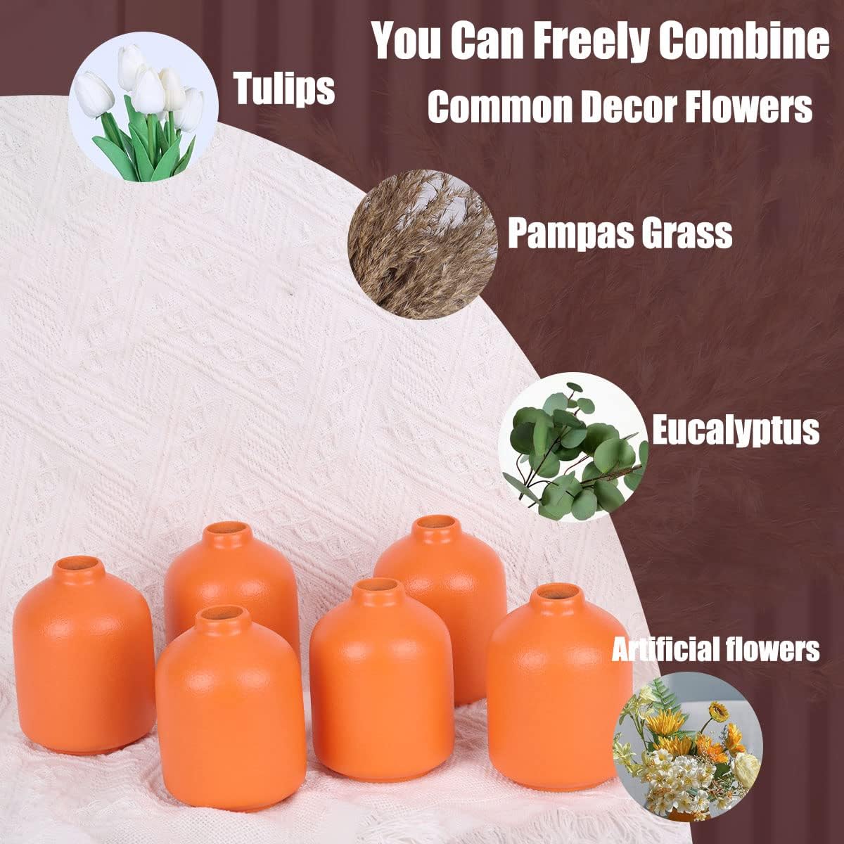 Orange Ceramic Small Vase Set of 6 - Modern Boho Flower Vase, Orange Bud Vases for Floral Arrangements, Centerpieces for Weddings, Dinner Parties, Table Settings, Foyer, Bathroom Decorations - Image 4