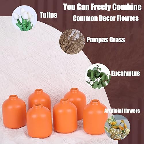 Miniatura 4 de Juego de 6 jarrones pequeños de cerámica naranja, jarrones de flores bohemios modernos, jarrones naranjas para arreglos florales, centros de mesa
