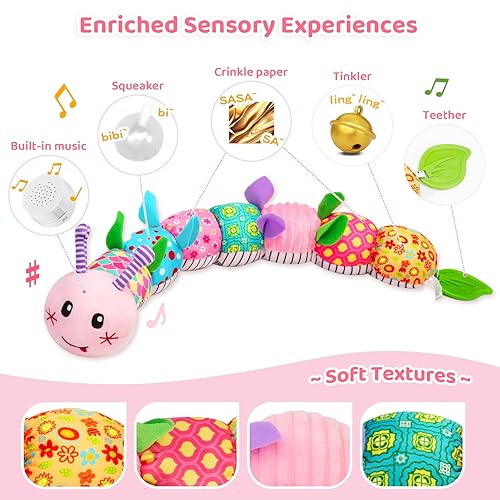 Miniatura 2 de Juguetes para bebés de 0 a 12 meses, peluche musical de Caterpillar para bebé, juguete sensorial de sonajero suave con mordedor para el tiempo boca