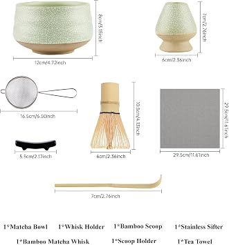 7 Piece Matcha Set, Macha Tea Set with Matcha Spoon, Whisk Holder, Bamboo Matcha Whisk, Shovel, Strainer, Matcha Accessories Traditional Japanese Tea Ceremony Best Gift for Lovers, Mesh Green