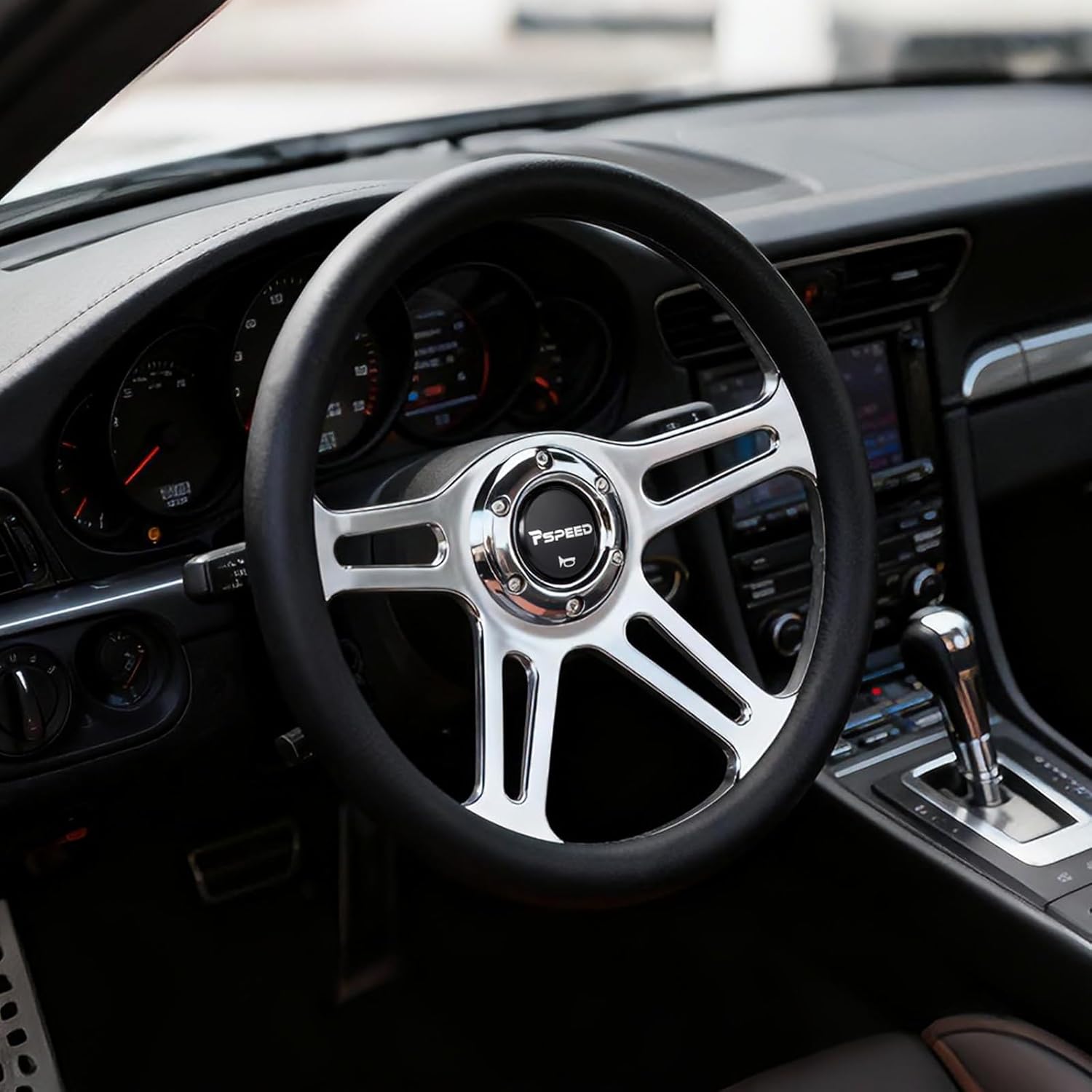 14 inch Universal Steering Wheel,6 Bolt Hole 4 Spoke Chrome-Plated Aluminum Alloy, Deep Dish 70mm, Classic Lychee Leather Grip with Horn Buttonn Fit for Cars,for Classic Car,for Vintage Car