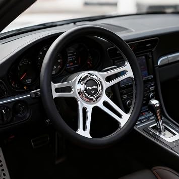 14 inch Universal Steering Wheel,6 Bolt Hole 4 Spoke Chrome-Plated Aluminum Alloy, Deep Dish 70mm, Classic Lychee Leather Grip with Horn Buttonn Fit for Cars,for Classic Car,for Vintage Car
