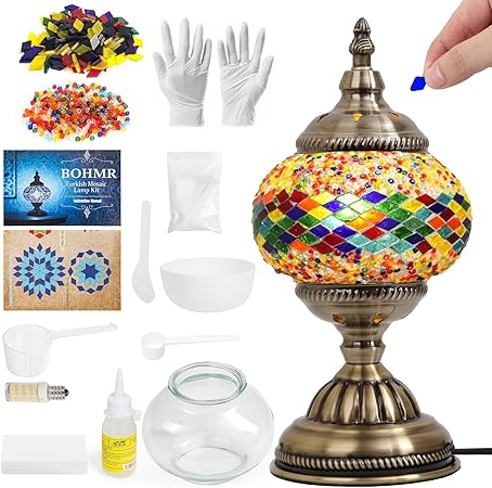 BOHMR DIY Turkish Mosaic Lamp Kit for Adults,Handmade Table Lamp Night Light with Vibrant Stained Glass, HandCrfat Antique Moroccan Table Lamp with Bulb for Living Room Bedroom,Gifts,Multicolor