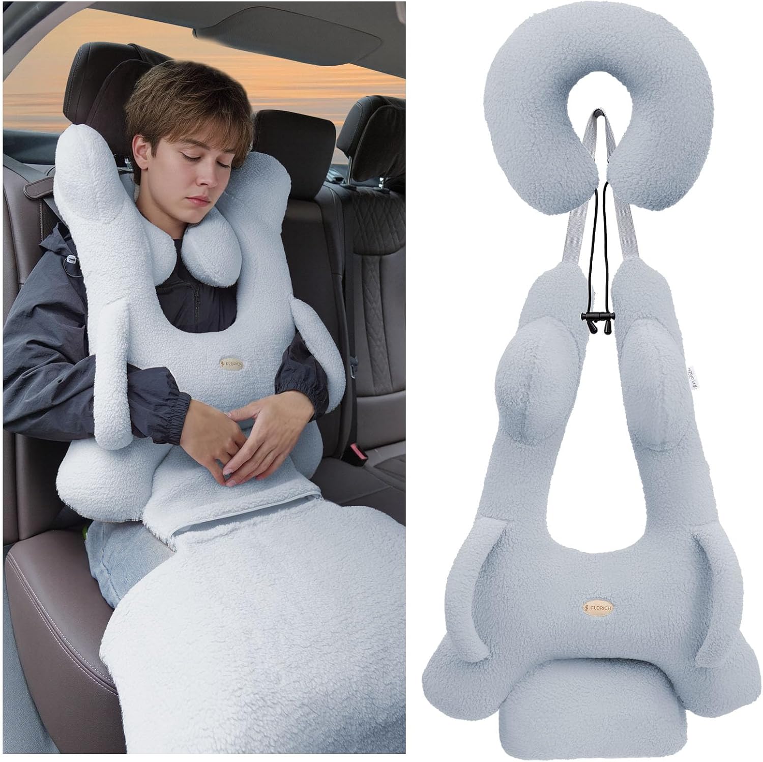 FLORICH Coussin Voiture Enfant, Oreiller Amovible en Forme de H pour Adultes et Enfants pour Soutenir la tête et Le Corps Voyage en Voiture avec Oreiller de Cou et Couverture (Gris)