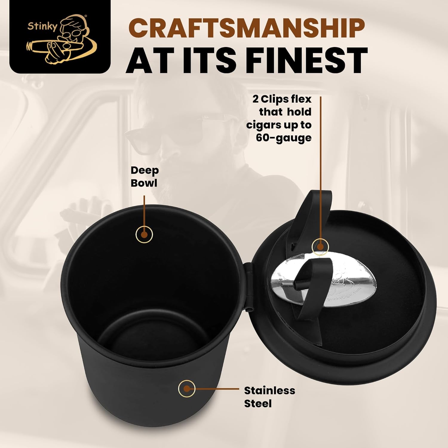 Stinky Cigar Car Ashtray, Spring Clip Holds All Cigar Sizes, Fits Any Standard Cup Holder, Matte Black