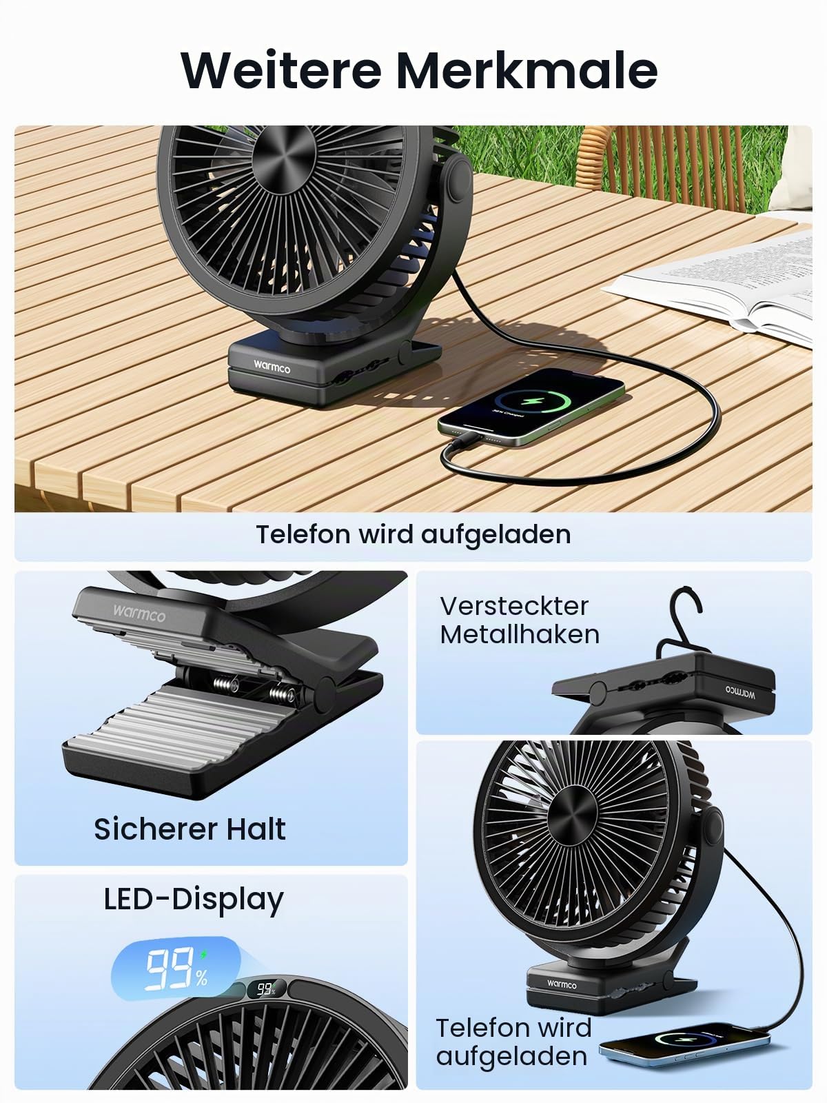 Warmco Tragbarer Tischventilator mit 10000 mAh, 720° Drehung & 3-in-1-Montage – 4 Geschwindigkeitsstufen, LED-Licht, USB-C-Schnellladung, geräuscharmes Design