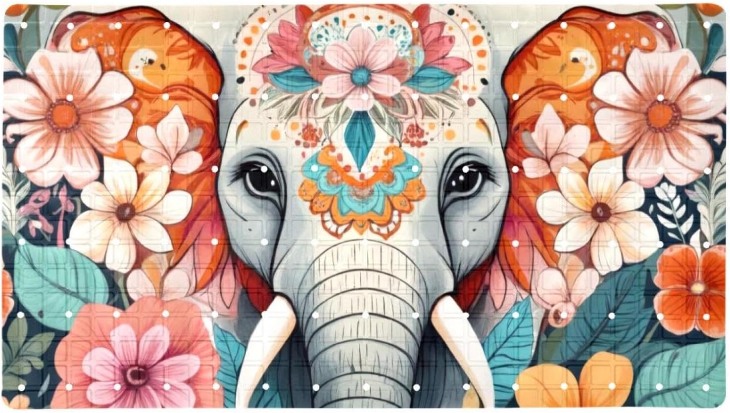 Non Slip Bath Mat for Tub, 15.1 x 26.8 Inch Bathtub Mat Machine Washable Shower Mat with Drain Holes and Suction Cups, Boho Ethnic Elephant Flower Aesthetic Pattern