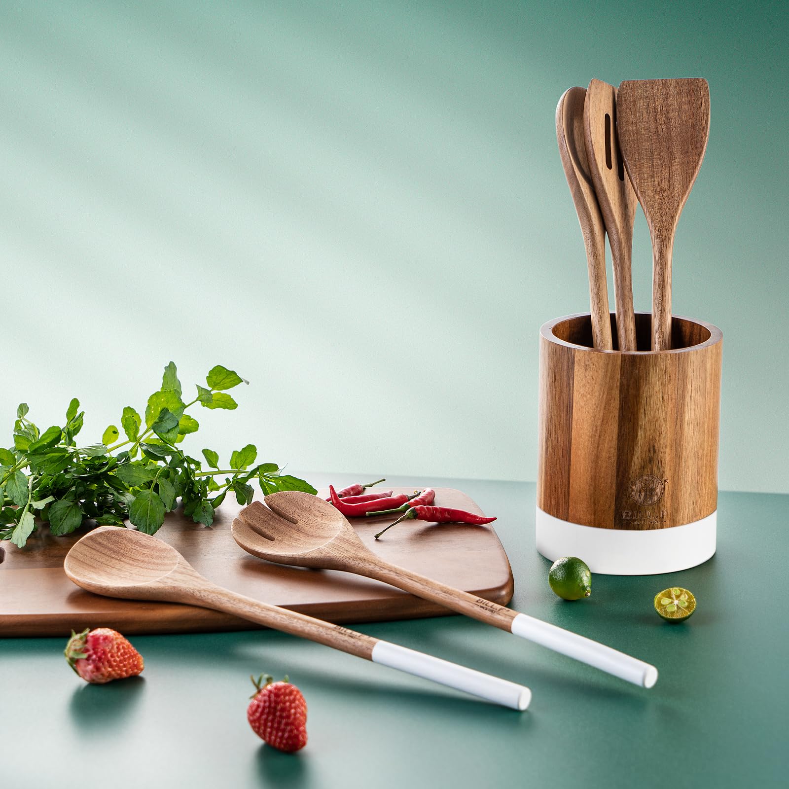 Bill.F Lot de 5 ustensiles de cuisine en bois avec poignée blanche, spatule ajourée, cuillère à fente, cuillère à soupe et spatule, anti-adhésifs