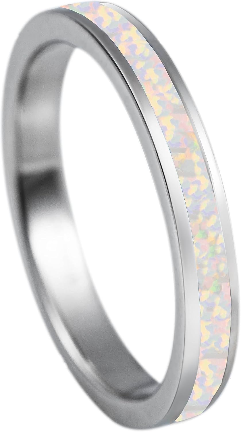 925 Sterling Silver 3mm Opal Stackable Wedding Ring Eternity Band, Blue White Opal, Rhodium Plated, Hypoallergenic for Sensitive Skin, Gift Box Included