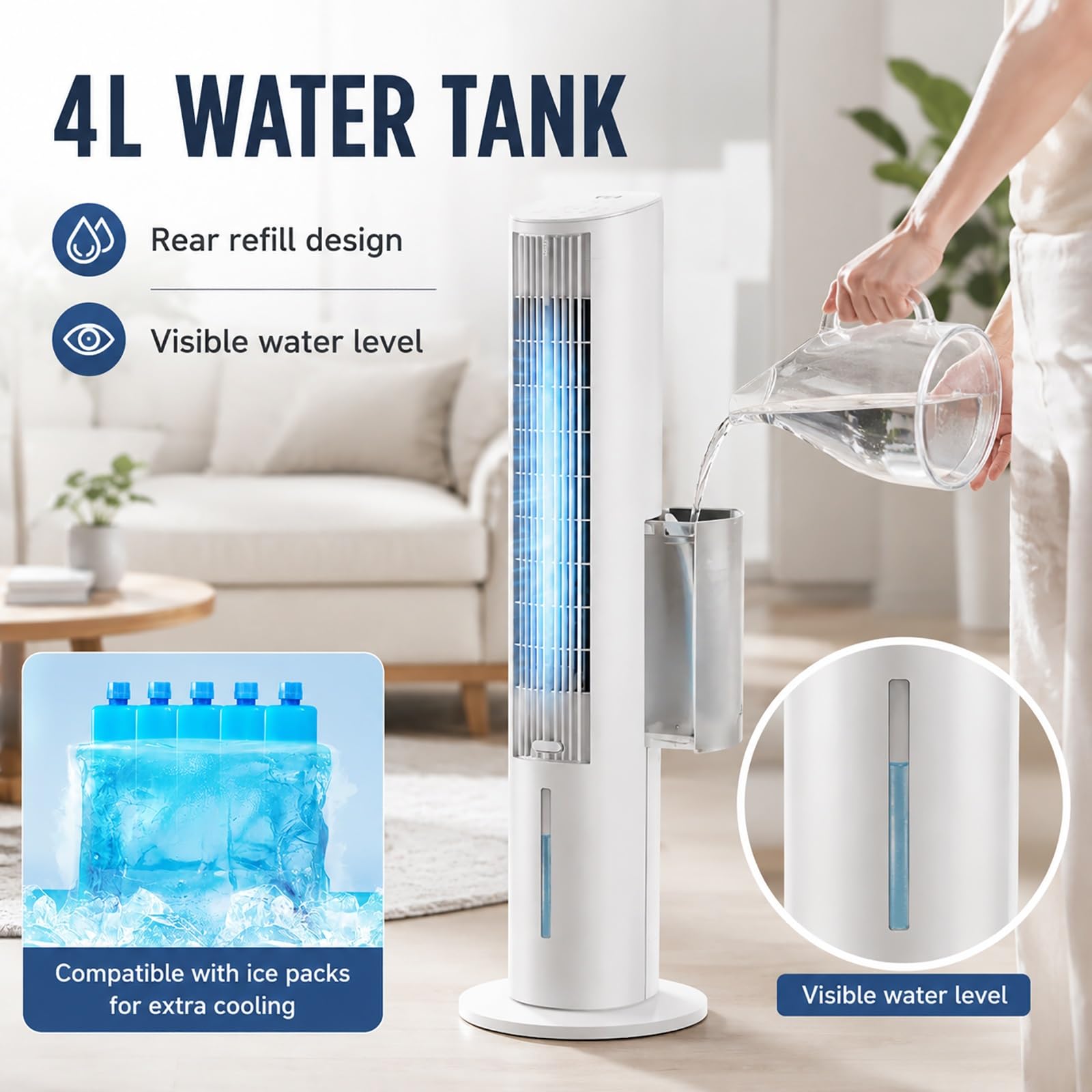 Refrigerador de Aire con Depósito Agua, 3 Velocidades, Climatizador Evaporativo para Apartamento, Dormitorio, Hogar