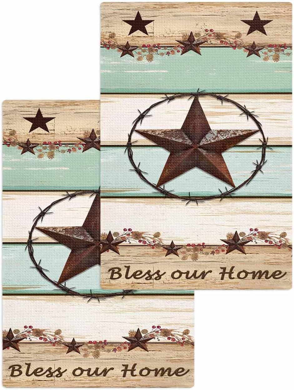 Western Texas Star Green Hand Towels Set,Waffle Weave Kitchen Towels 2 Pieces,Farmhouse Brown Country Vintage Microfiber Hair Face Bath Tea Towel Absorbent Drying Cleaning Dish Cloths,15.7"x23.6"