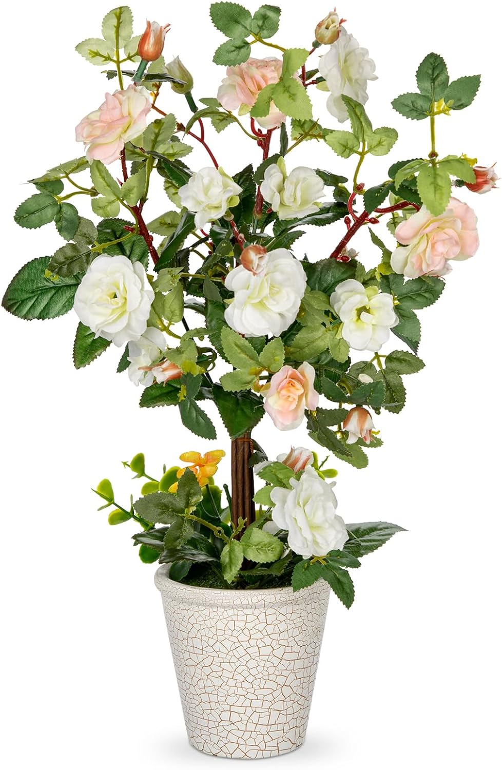 Hollyone Artificial Plants & Flowers in Vase White Camellia Roses Faux Flower Plant Arrangement with Pot Fake Rose Flowers Home Decor Office Bathroom Shelf Desk Table Decoration
