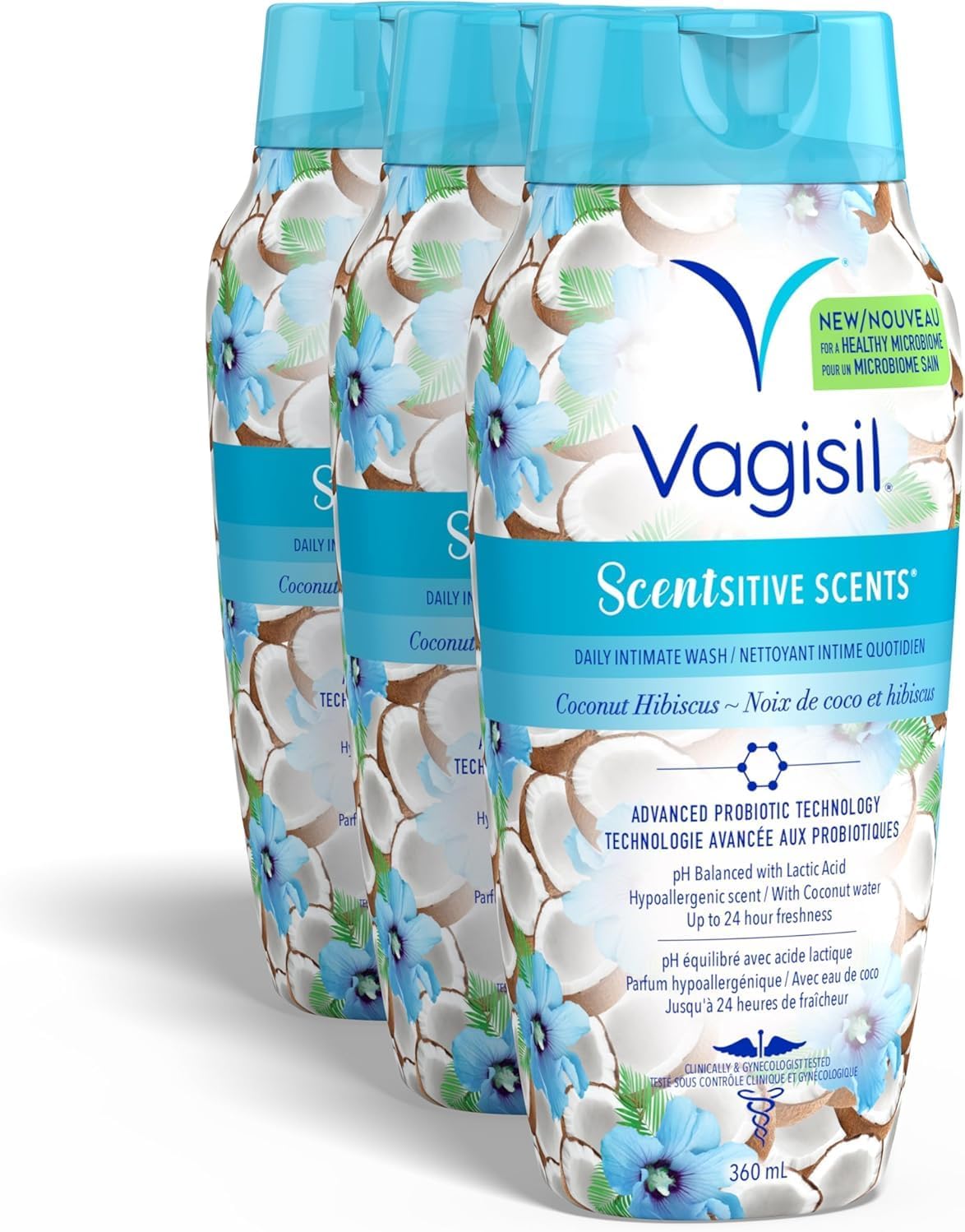 Vagisil Feminine Wash for Intimate Area Hygiene, Scentsitive Scents, pH Balanced and Gynecologist Tested, 360mL, Coconut Hibiscus (3 Pack)