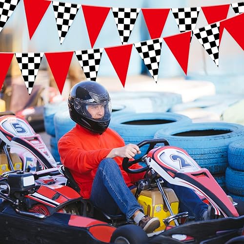 Miniatura 7 de Tiamon 5 banderas de coche de carreras, decoraciones de fiesta, rojo, negro y blanco, triángulo a cuadros de 49.2 pies, banderines de carreras