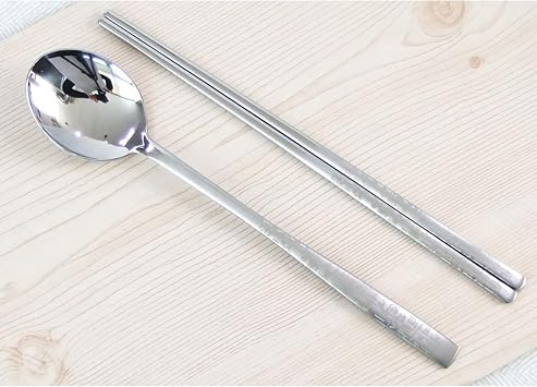 SUPIA Korean Traditional Cutlery Stainless Steel Spoons and Chopsticks Set Tableware with Long-hand, Reusable (Silver Hunminjeongeum)