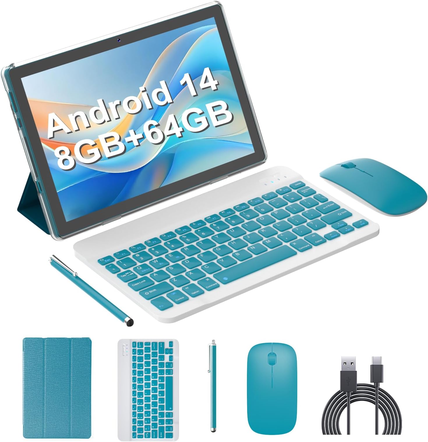 Android 14 Tablet 2 in 1 Tablets 10 Inch Tablet with Keyboard Mouse Case Protective Stylus 10.1" Tab 8GB+64GB Support 1TB Expansion 2MP+8MP Dual Camera 6000mAh Battery Bluetooth WIFI-6 Android Tableta