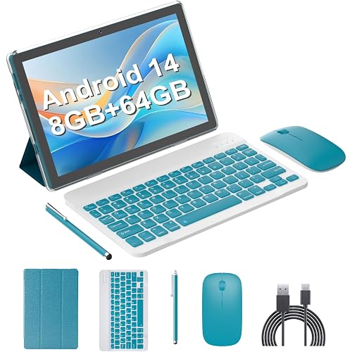 Android 14 Tablet 2 in 1 Tablets 10 Inch Tablet with Keyboard Mouse Case Protective Stylus 10.1" Tab 8GB+64GB Support 1TB Expansion 2MP+8MP Dual Camera 6000mAh Battery Bluetooth WIFI-6 Android Tableta