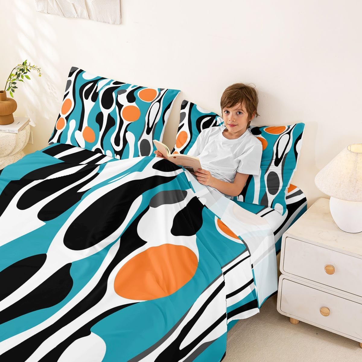 Erosebridal Mid Century Modern Abstract Sheet Set Vintage Geometric Full Size Bed Sheets for Toddler Boys,Contemporary Organic Shapes Squiggle Blob Bedding Set,Teal Orange
