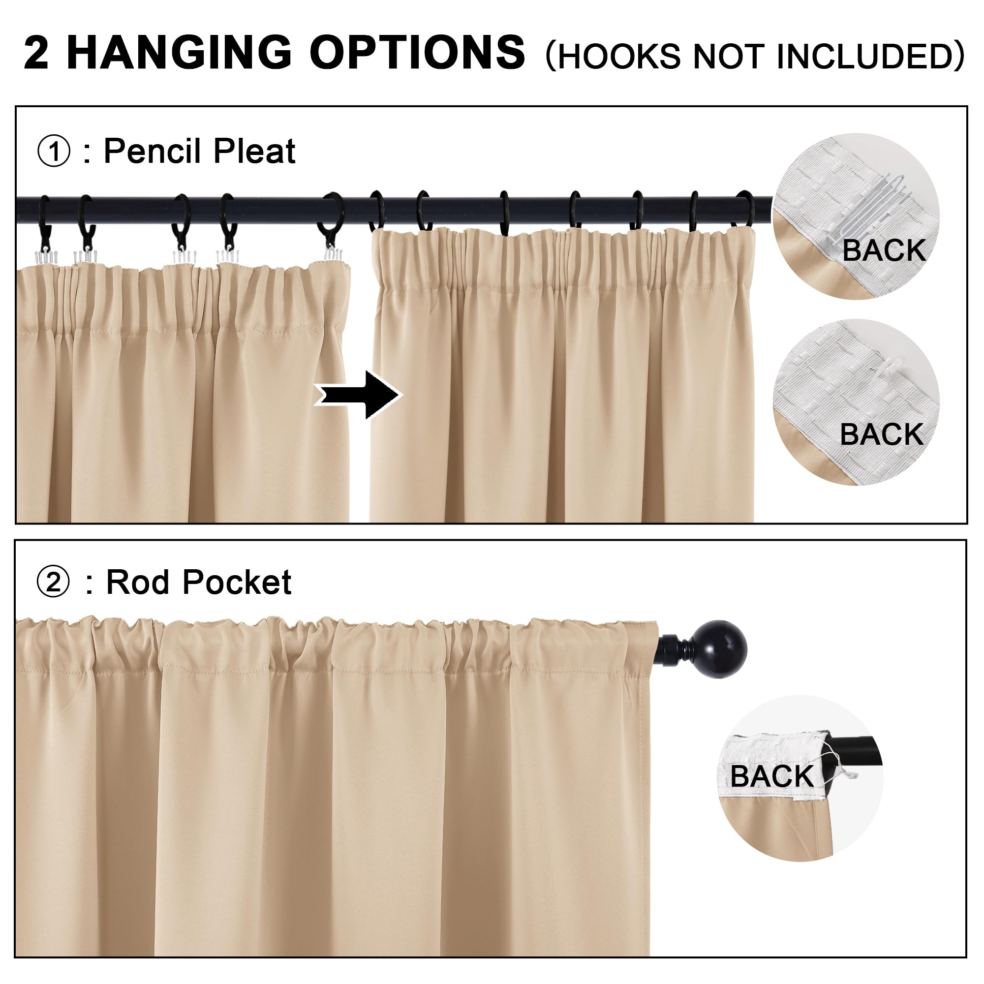Hiasan Rideaux Occultants avec Galon Fronceur, 245 x 140cm (L x H), Beige | Thermiques et Protection anti Froid, Opaques pour Salon et Chambre à Coucher avec Embrasses, 2 Pieces