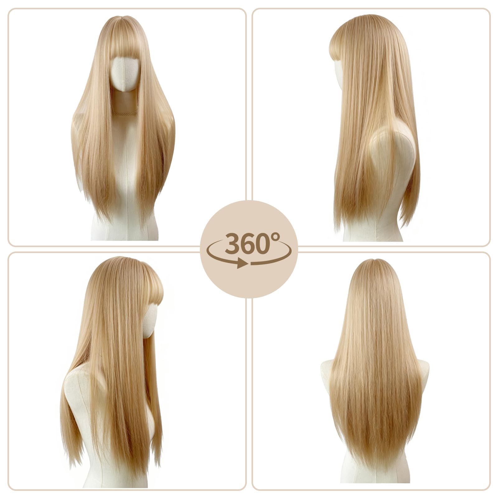 Parrucche Lunghe Lisce Bionde per Donne con Frangia, 70cm Parrucche Lunga Layered Lisci per Donna, Parrucca Naturale e Liscia Dritto Fibra Sintética Resistente per Cosplay Festa Uso Quotidiano