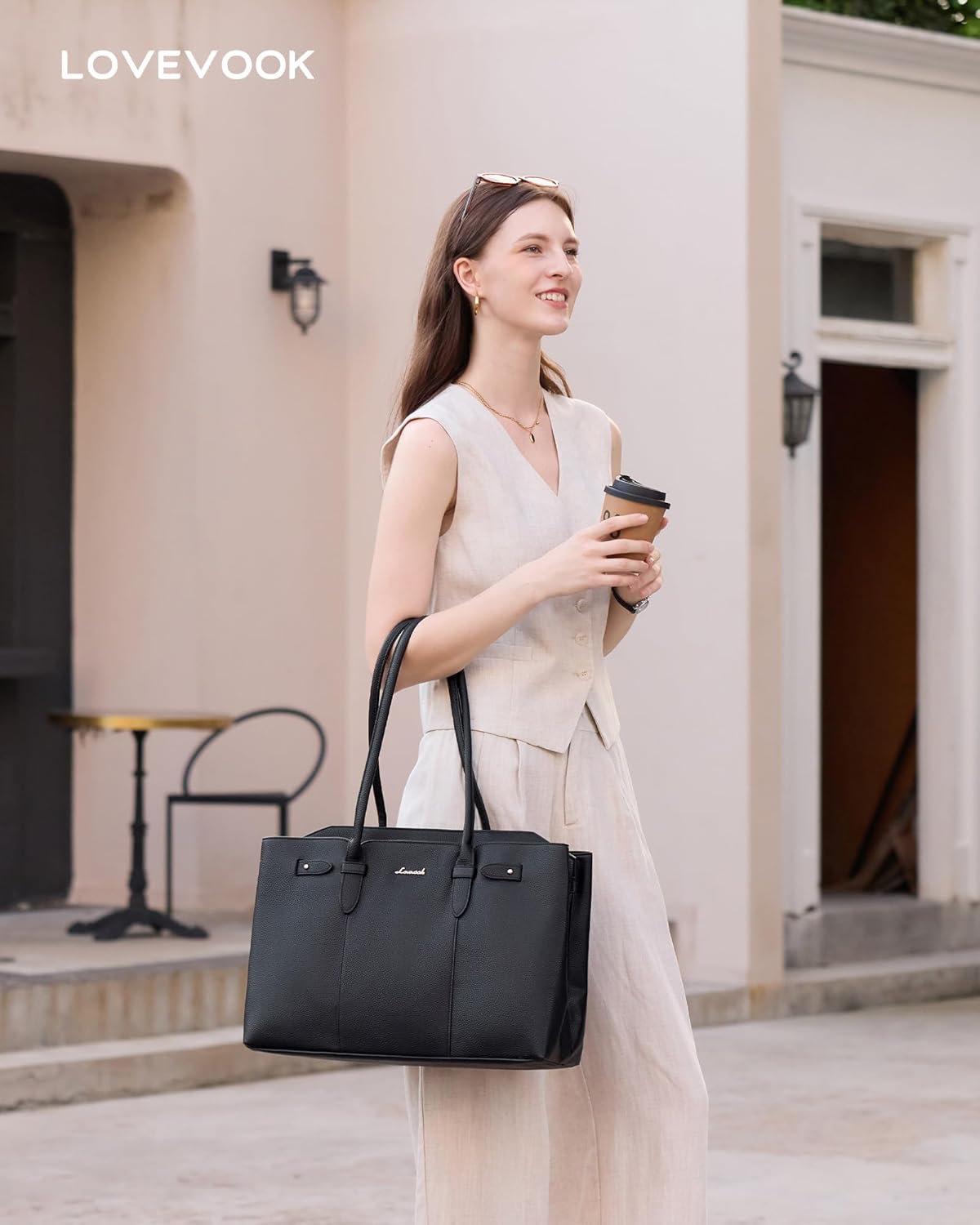 LOVEVOOK Laptop Tote Bag for Women, 15.6 Inch Waterproof Leather Computer Work Purse with Zipper for Teacher & Travel - Image 7