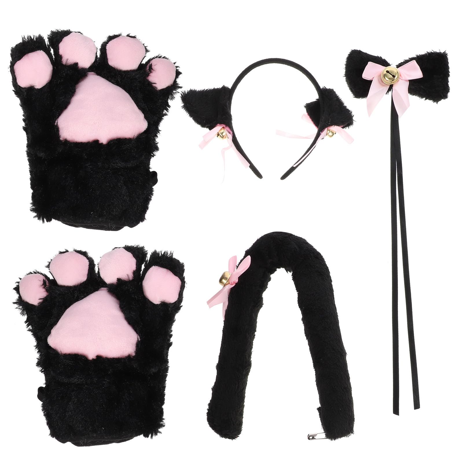 5piezas Cosplay de Gato Kawaii Suave con Diadema Negra Guantes de Garra Cola de Peluche y Lazo Accesorios para Disfraces y Fiestas de Halloween