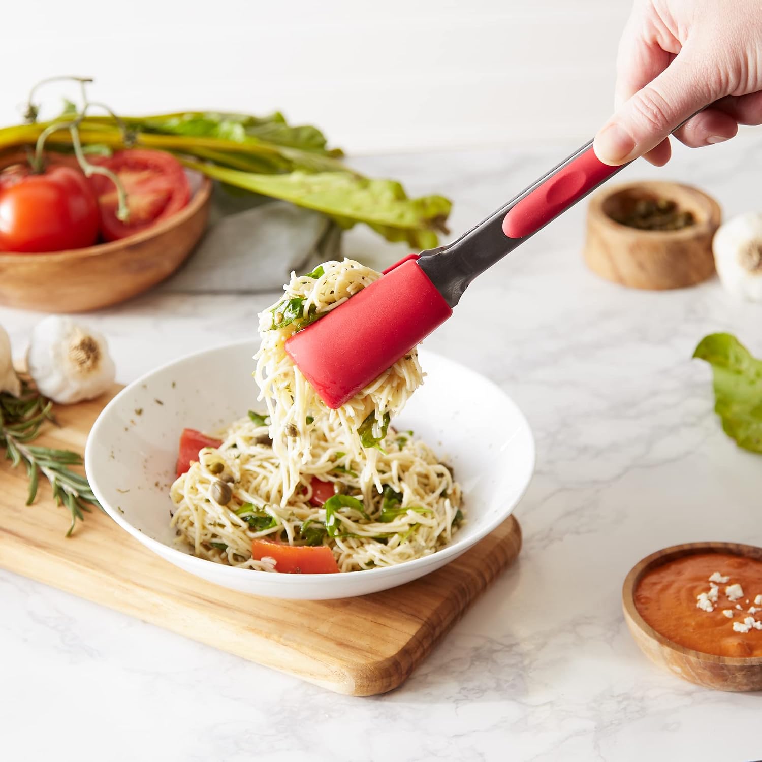RSVP International Endurance Kitchen Utensil Collection Stainless Steel Locking Tongs for Cooking, 10.75" Length, Square Tip, Red Non-Slip Silicone