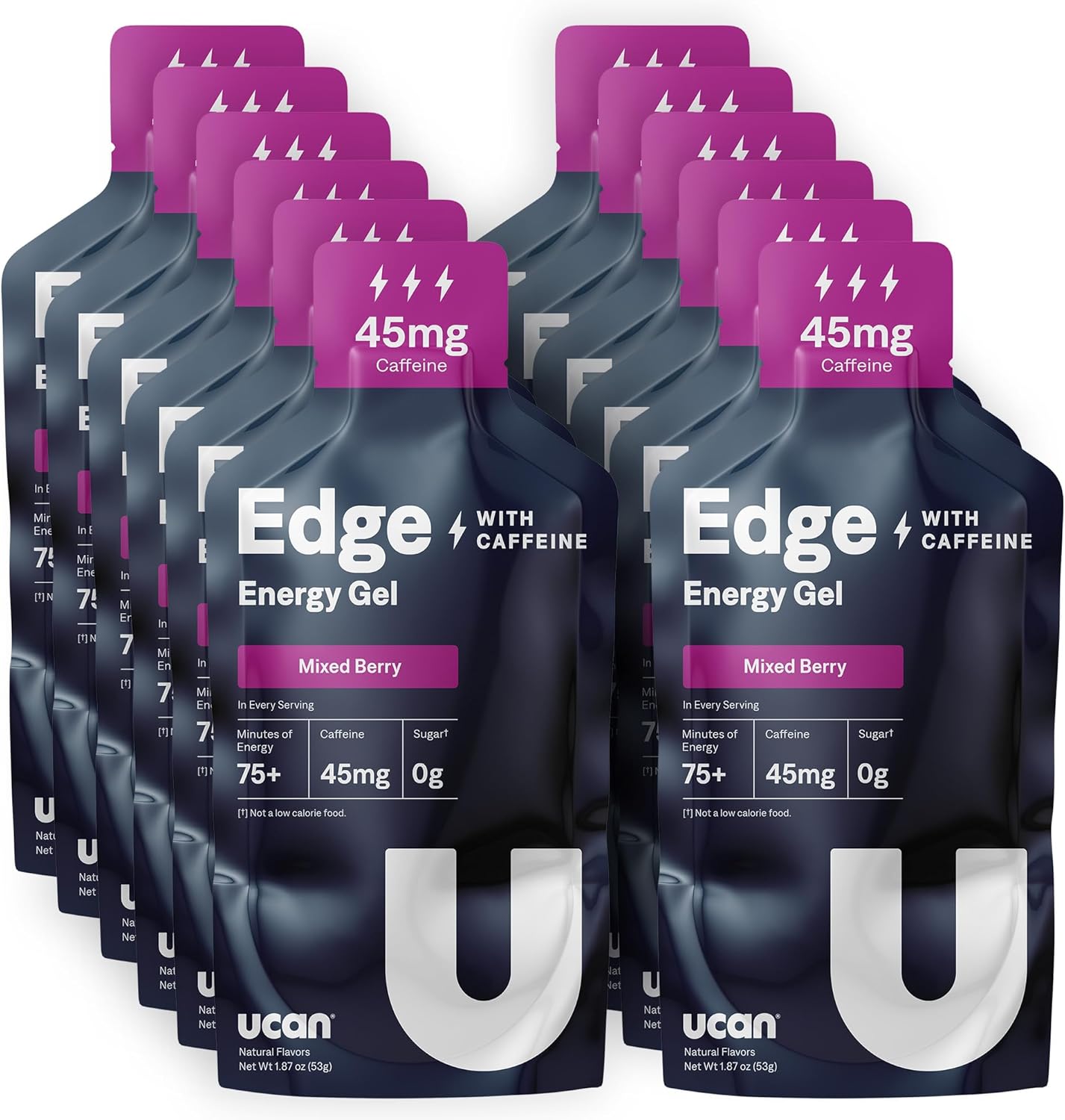 UCAN Edge Energy Gel Shots, Mixed Berry + Caffeine (12, 2 Ounce Packets) for Running, Training, Workouts, Fitness, Cycling, Crossfit | Sugar-Free, Vegan, & Keto Friendly Energy