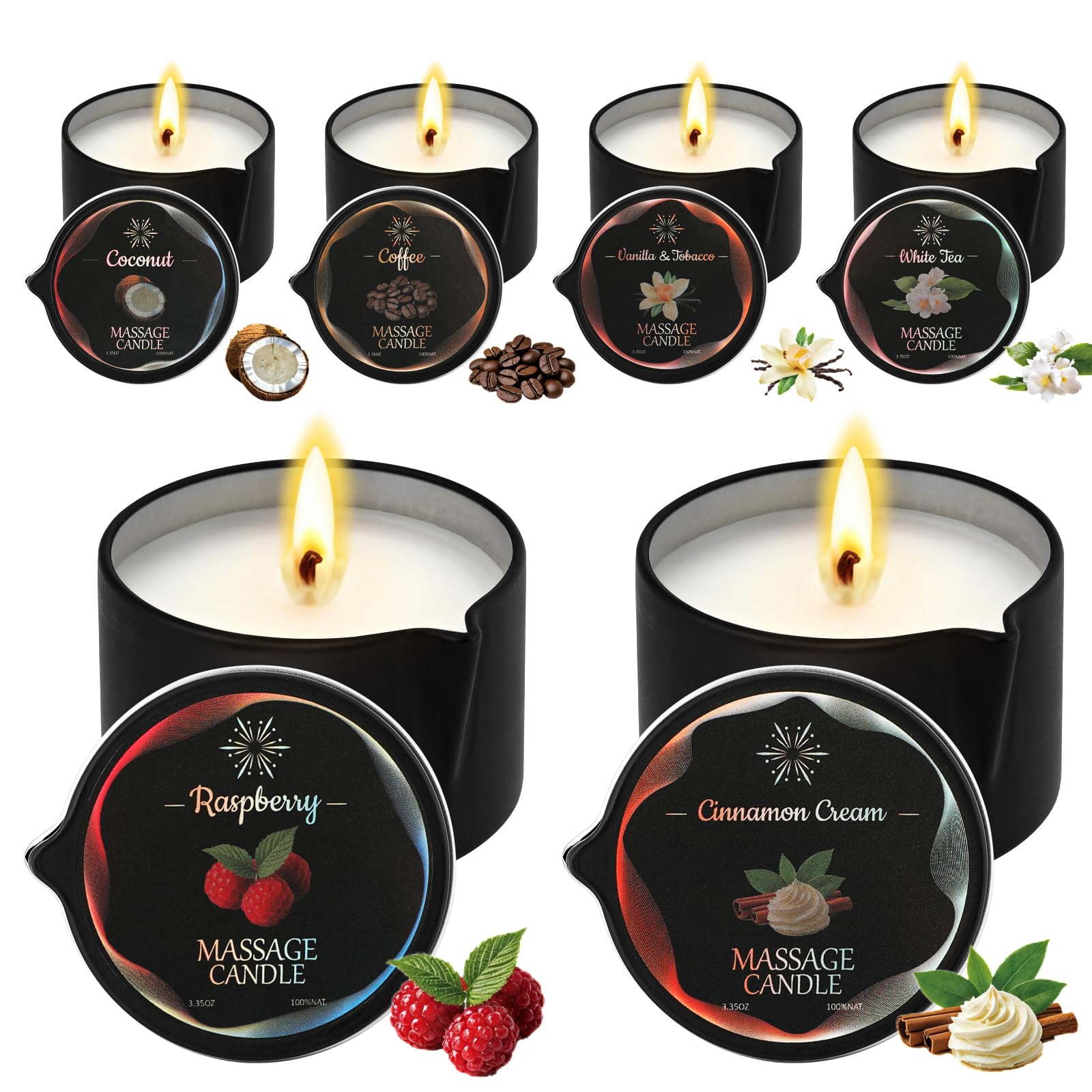 6 Pcs Massage Candle Set - Soy Wax Aromatherapy Candles with Skin-Softening Oil, Low-Heat Coconut Soy Blend for Couples Gift SPA Use 6 Scent 2.35 OZ