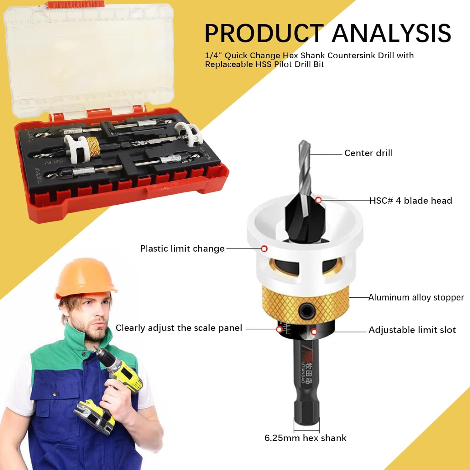 Countersink Drill Bits Set with Low Friction Depth Stop, 1/4" Quick Change Hex Shank Countersink Drill with Replaceable HSS Pilot Drill Bit, Counter Sink Drill Bit for Woodworking