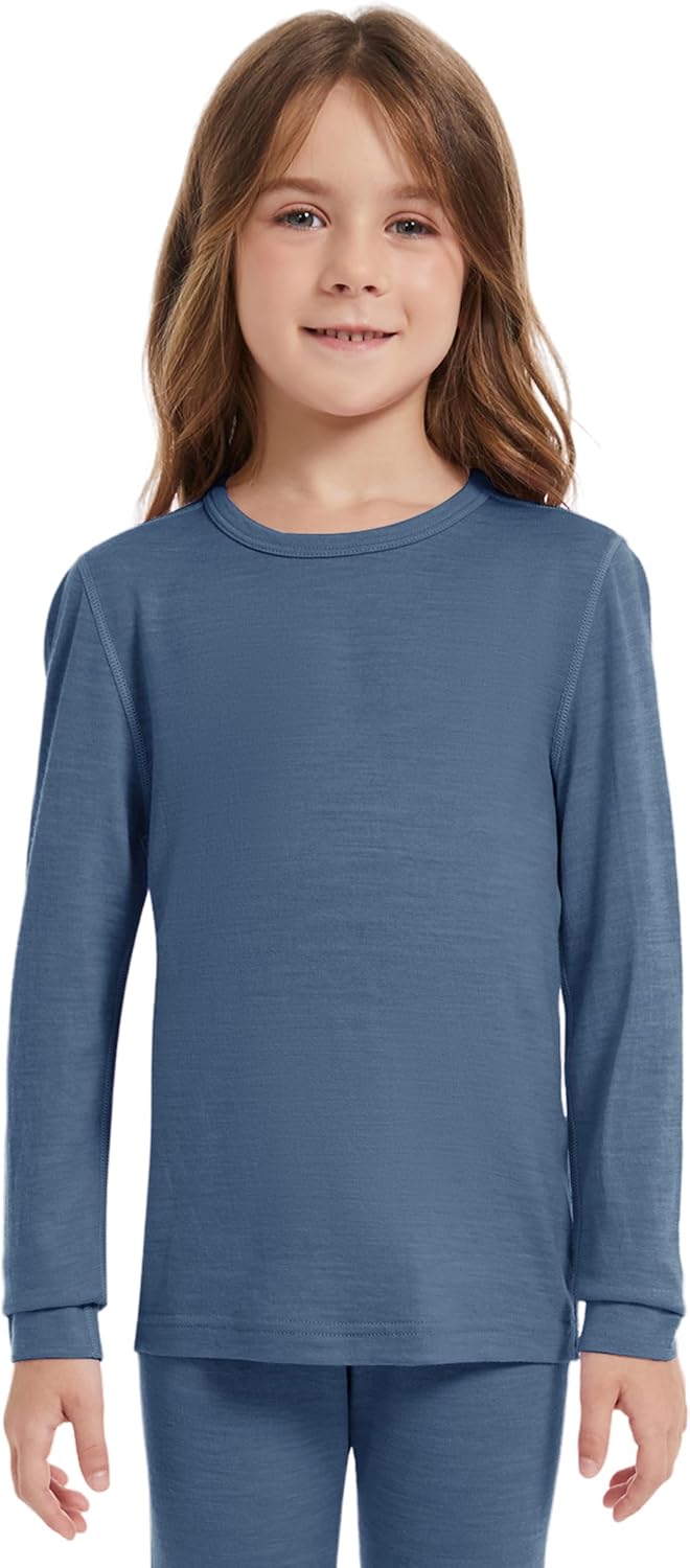 Kids Unisex 100% Merino Wool Base Layer Tops Lightweight Thermal Underwear Shirt
