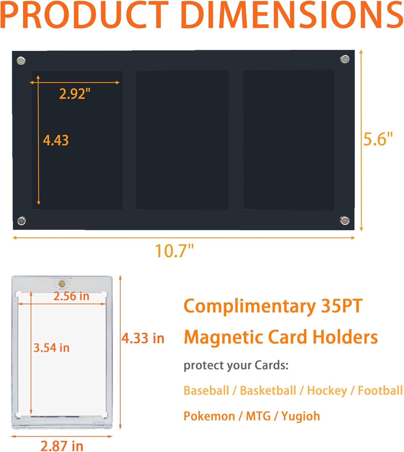 Acrylic Trading Card Display Frame for 3 Standard Cards, Wall Mount & Stand, Magnetic Holder UV Protection for Baseball Basketball Football Sports Collection, Compatible with Pokemon MTG