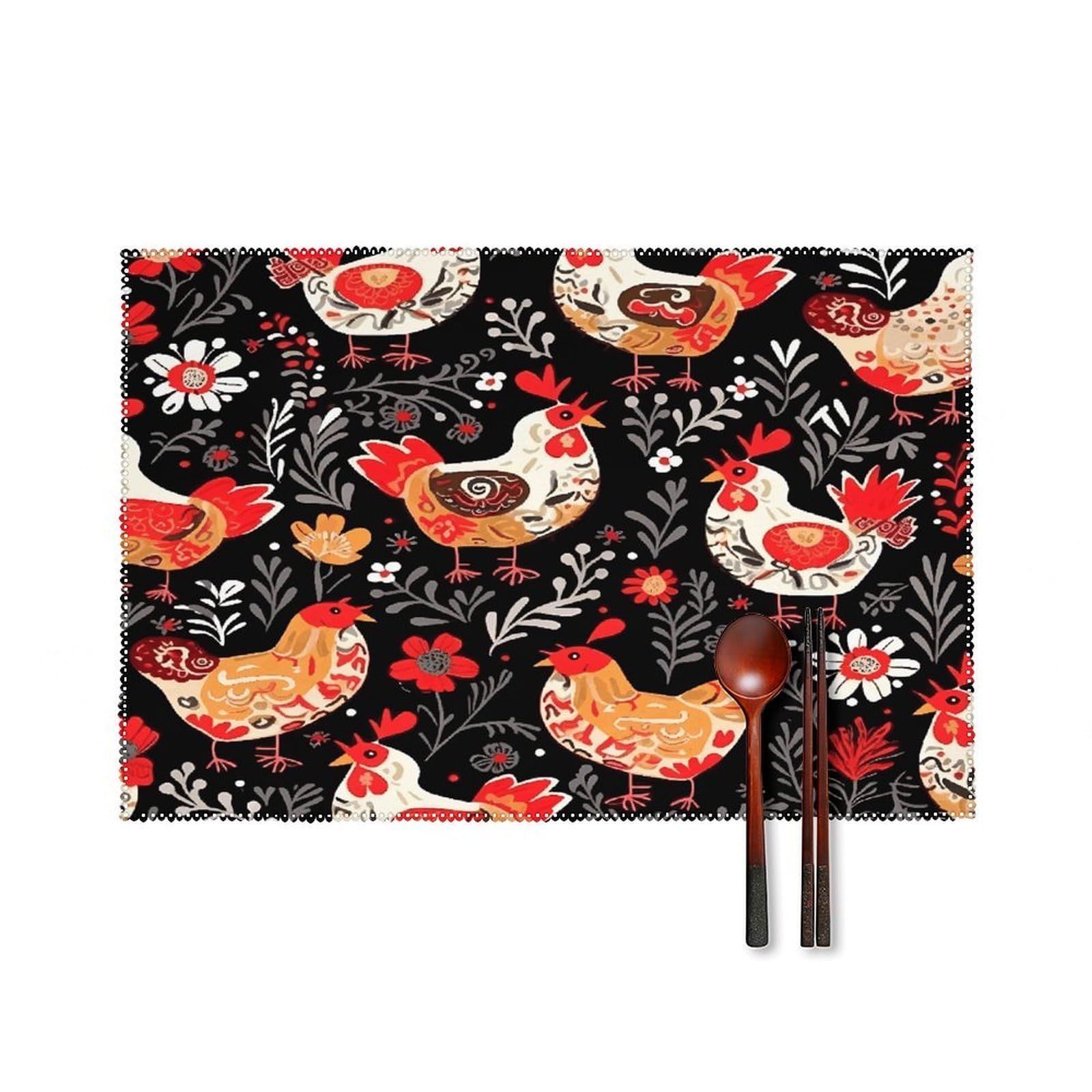 Cute Rooster Chickens Placemats Set of 4 Non-Slip Heat Resistant Table Mats Canvas Washable Cloth Place Mats Easy to Clean Premium Placemat for Kitchen Dining Table Decoration