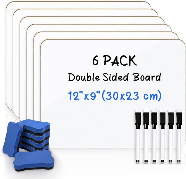 6-Pack Small Handheld Dry Erase Whiteboard, 12''x 9'' Double-Sided Portable Lapboards with Markers & Erasers, School Supplies Ideal for Students, Teachers, Classrooms, Home and Office Use