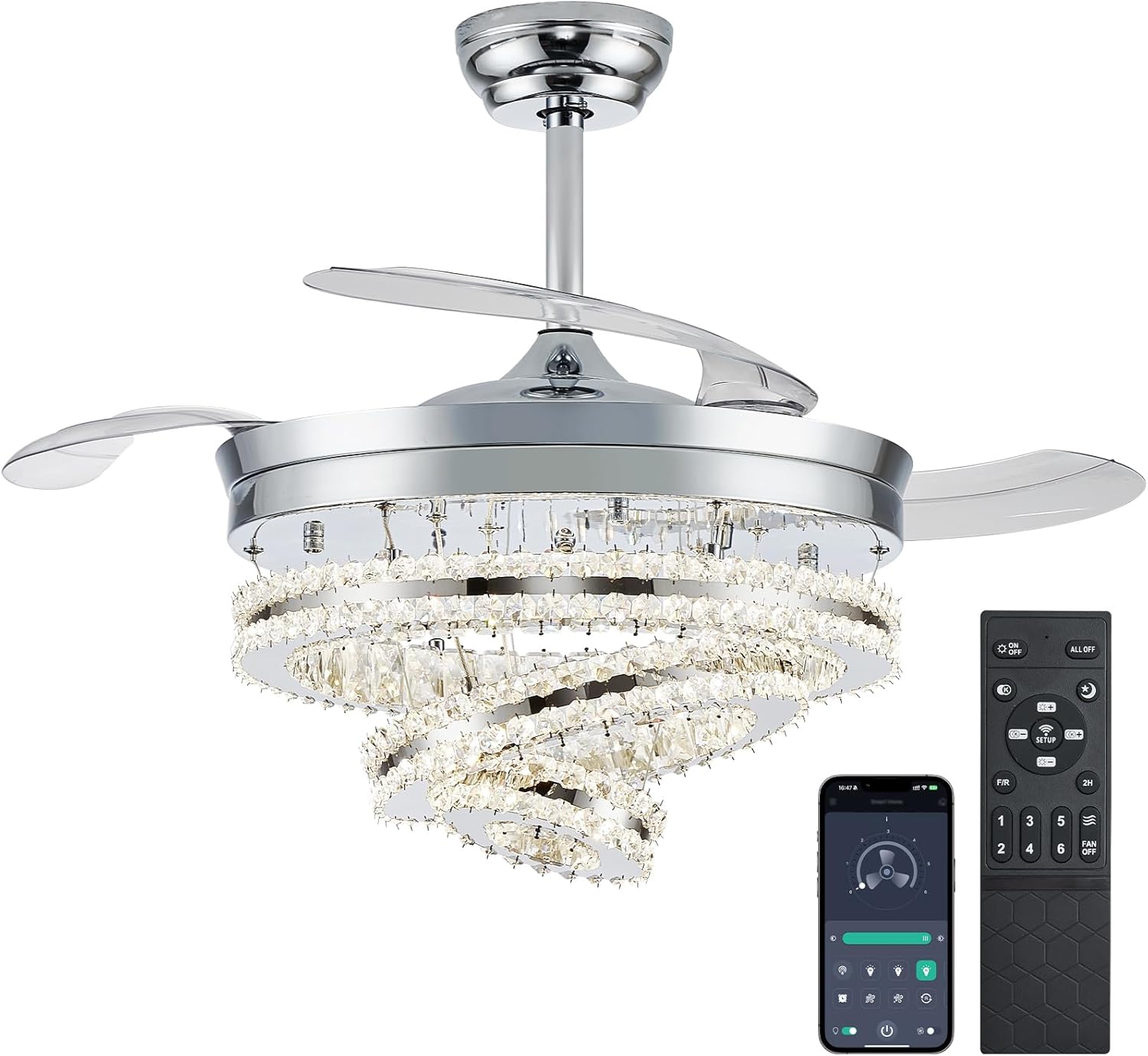 Modern Fandelier Ceiling Fans with LED Light and Remote APP Control, Crystal Chandelier Fan Retractable Blades Quiet DC Motor for Bedroom, Living Room, 42 Inch Blade Span ChromeA