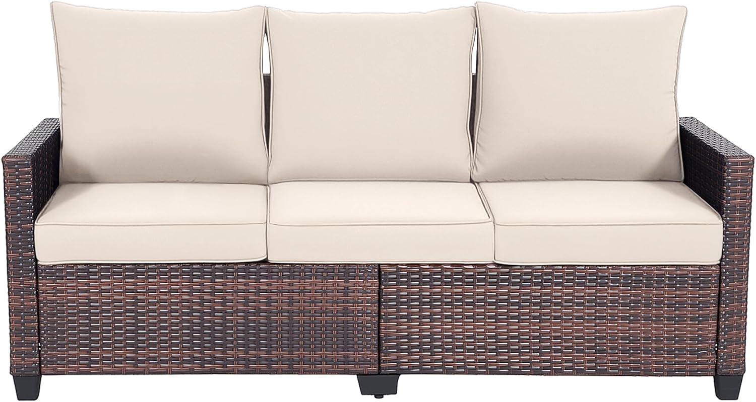 EortheX Outdoor Patio Sofa, 3-Seat Rattan Wicker Couch for Garden Deck or Porch, Comfortable All-Weather Patio Furniture with Anti-Slip Cushions (Beige)