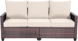 EortheX Outdoor Patio Sofa, 3-Seat Rattan Wicker Couch for Garden Deck or Porch, Comfortable All-Weather Patio Furniture with Anti-Slip Cushions (Beige)