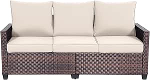 EortheX 3-Seat Outdoor Patio Sofa - All-Weather PE Rattan Wicker With Blue Cushions, Steel Frame | Garden, Deck, Porch Furniture