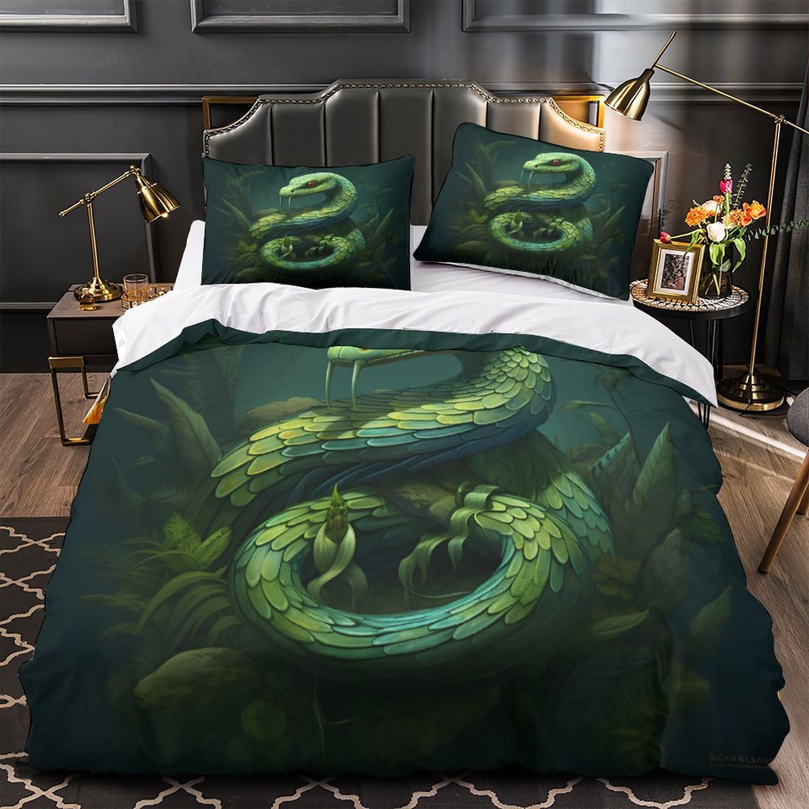 MMDASBVPE Green Serpent Comforter Cover 3D Print Breathable 3PCs Bed Linen Hidden Zipper fantasy Duvet Cover Ultra Soft Durable for Teens Youth Adults Women Kids Boys Girls King（220x240cm）
