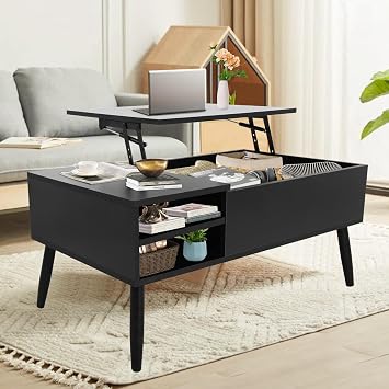 Lift Top Coffee Table with Storage for Living Room, Wood Coffee Table Center Table with Small Hidden Compartment and Adjustable Shelf, Mid Century, Modern, Black